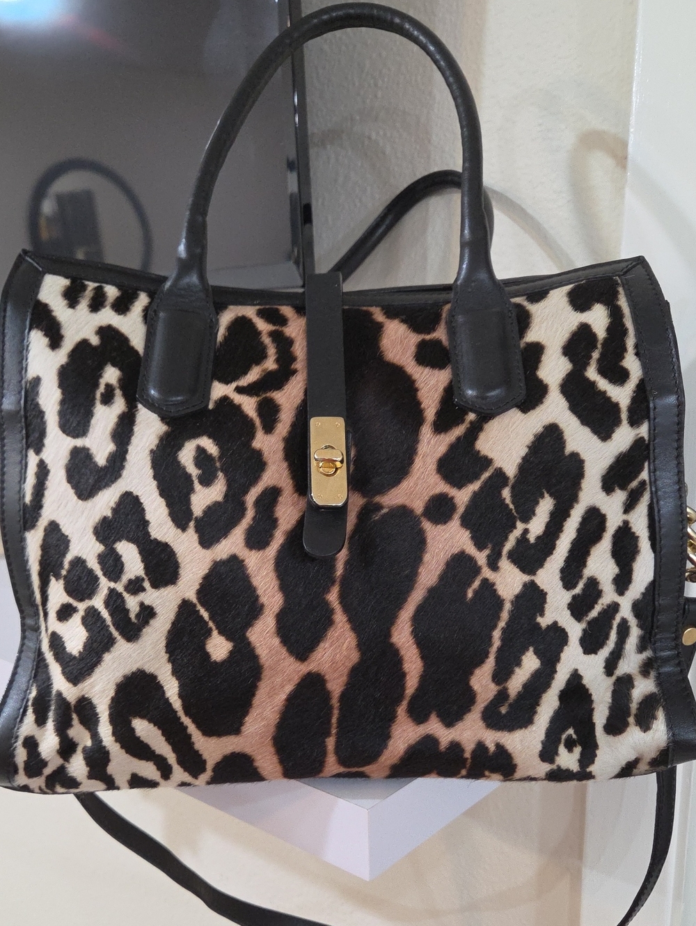 Cavalcanti Italian Leopard Print Top-Handle Tote Bag with Black Trim